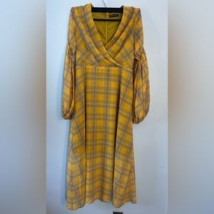 SHEIN Lantern Sleeve Self Belted Plaid Dress
